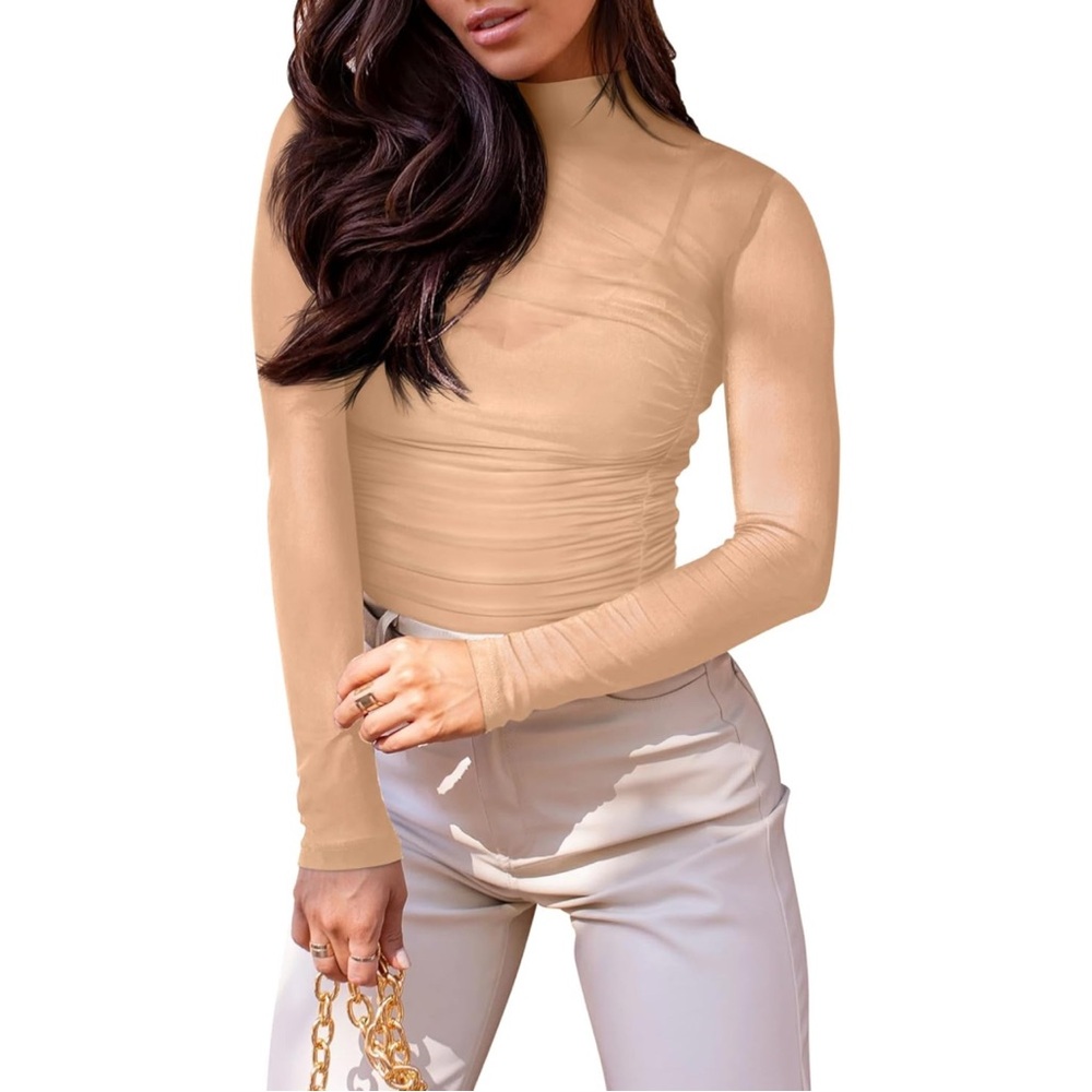 NWT Reoria Nude Sheer Mesh Mock Turtleneck Ruched‎ Long Sleeve Bodysuit Small